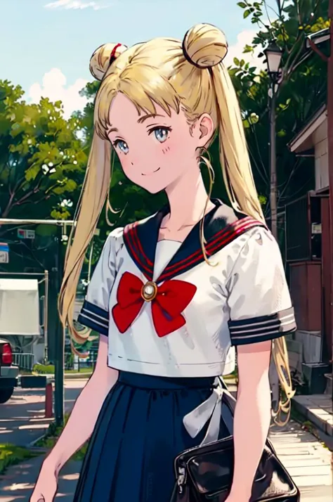 <lora:Usagi_Tsukino_v3:1> usagitsukino, 1girl, solo, blue eyes, blonde hair, very long hair, twintails, hair bun, double bun, parted bangs, || school uniform, sailor collar, shirt, short sleeves, puffy sleeves, blue pleated skirt, skirt, serafuku, red bow, brooch, smile, outdoors,   <lora:Yoshida_Akihiko_style_v01:1>, absurdres, ultra detailed, masterpiece, best quality, aesthetic, detailed,