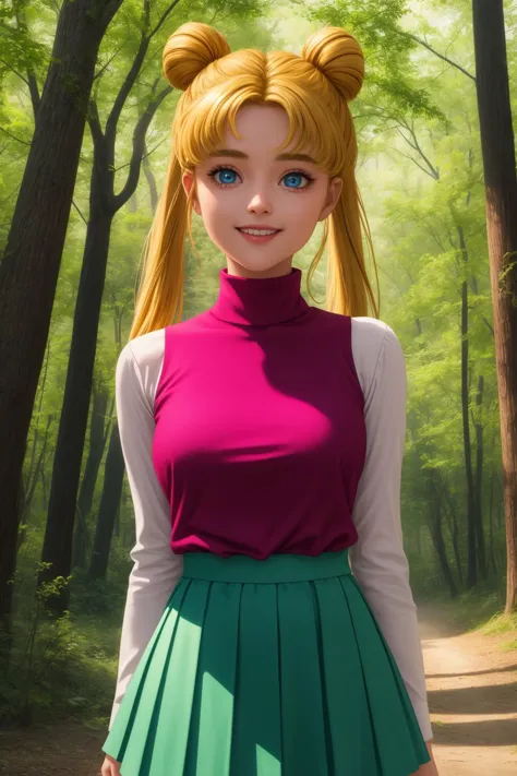 a woman with blonde hair and a pink top is standing in a forest