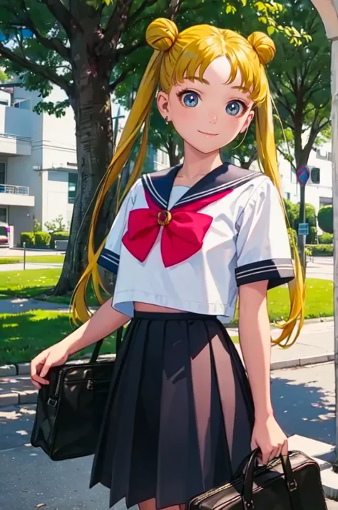 anime girl in a sailor outfit with a briefcase and a bag