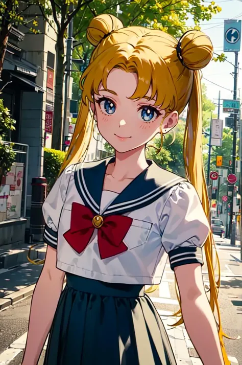 anime girl with ponytails and a sailor outfit walking down a street