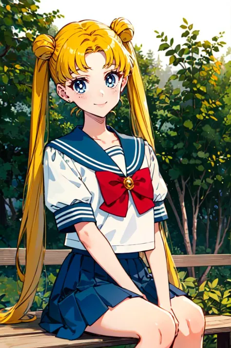 sailor girl sitting on a bench in a park with trees