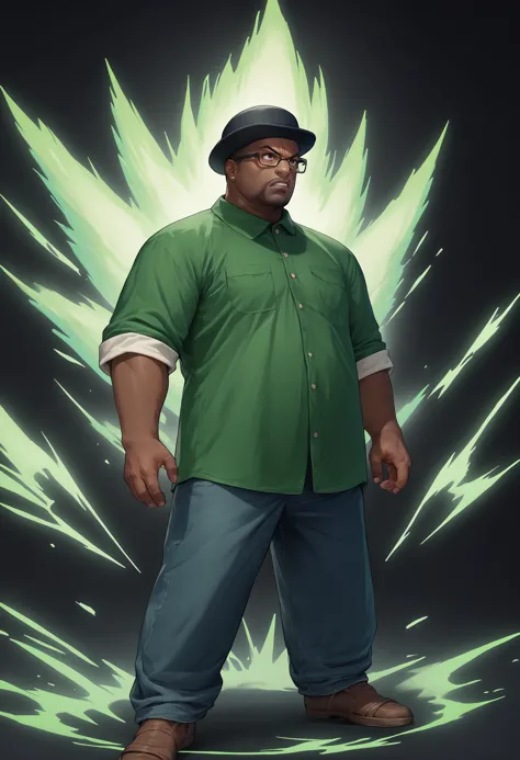 a man in a green shirt and hat standing in front of a green light