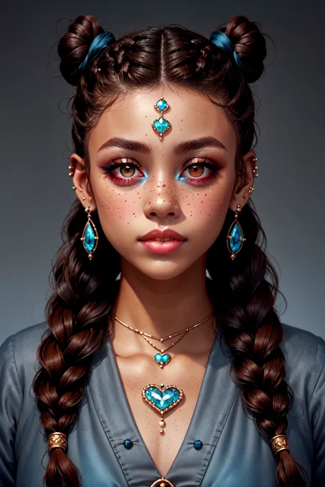 Virtual_Realism, 1girl, solo, long hair, looking at viewer, simple background, brown hair, black hair, jewelry, braid, heart, earrings, dark skin, hair bun, twin braids, dark-skinned female, grey eyes, double bun, makeup, blue background, piercing, portrait, freckles, <lora:Virtual_Realism:0.8>