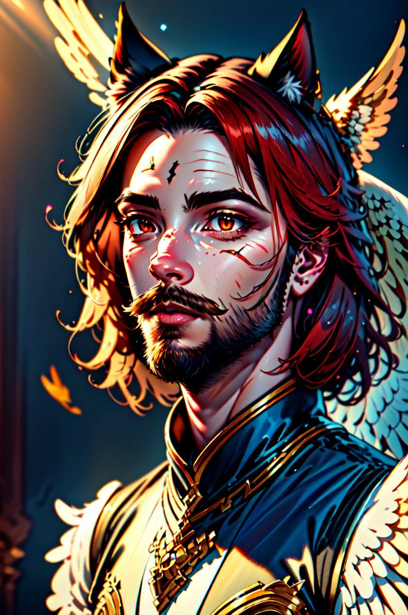 Realism, (masterpiece, best quality, ultra-detailed, highres, best illustration),perfect face, ((solo, solo focus)),sidelighting, lustrous skin,(bloom), (shine), ray tracing,solo,solo,animal ears, 1boy, solo, male focus, facial hair,red eyes , looking at viewer, beard, red hair, mustache, wings, lips,cat ears,depth_of_field,very detailed background,extreme light and shadow,(detailed eyes), (beautiful) beautiful detailed eyes, perfect lighting , perfect anatomy,(extremely detailed illustrated 8k wallpaper),(masterpiece), (best quality), (ultra-detailed), (best illustration),(best shadow) , vivid colors, 