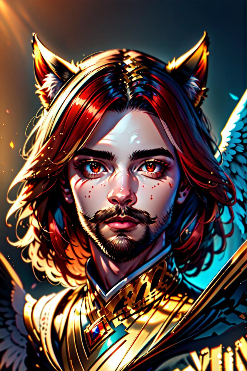 Realism, (masterpiece, best quality, ultra-detailed, highres, best illustration),perfect face, ((solo, solo focus)),sidelighting, lustrous skin,(bloom), (shine), ray tracing,solo,solo,animal ears, 1boy, solo, male focus, facial hair,red eyes , looking at viewer, beard, red hair, mustache, wings, lips,cat ears,depth_of_field,very detailed background,extreme light and shadow,(detailed eyes), (beautiful) beautiful detailed eyes, perfect lighting , perfect anatomy,(extremely detailed illustrated 8k wallpaper),(masterpiece), (best quality), (ultra-detailed), (best illustration),(best shadow) , vivid colors, 