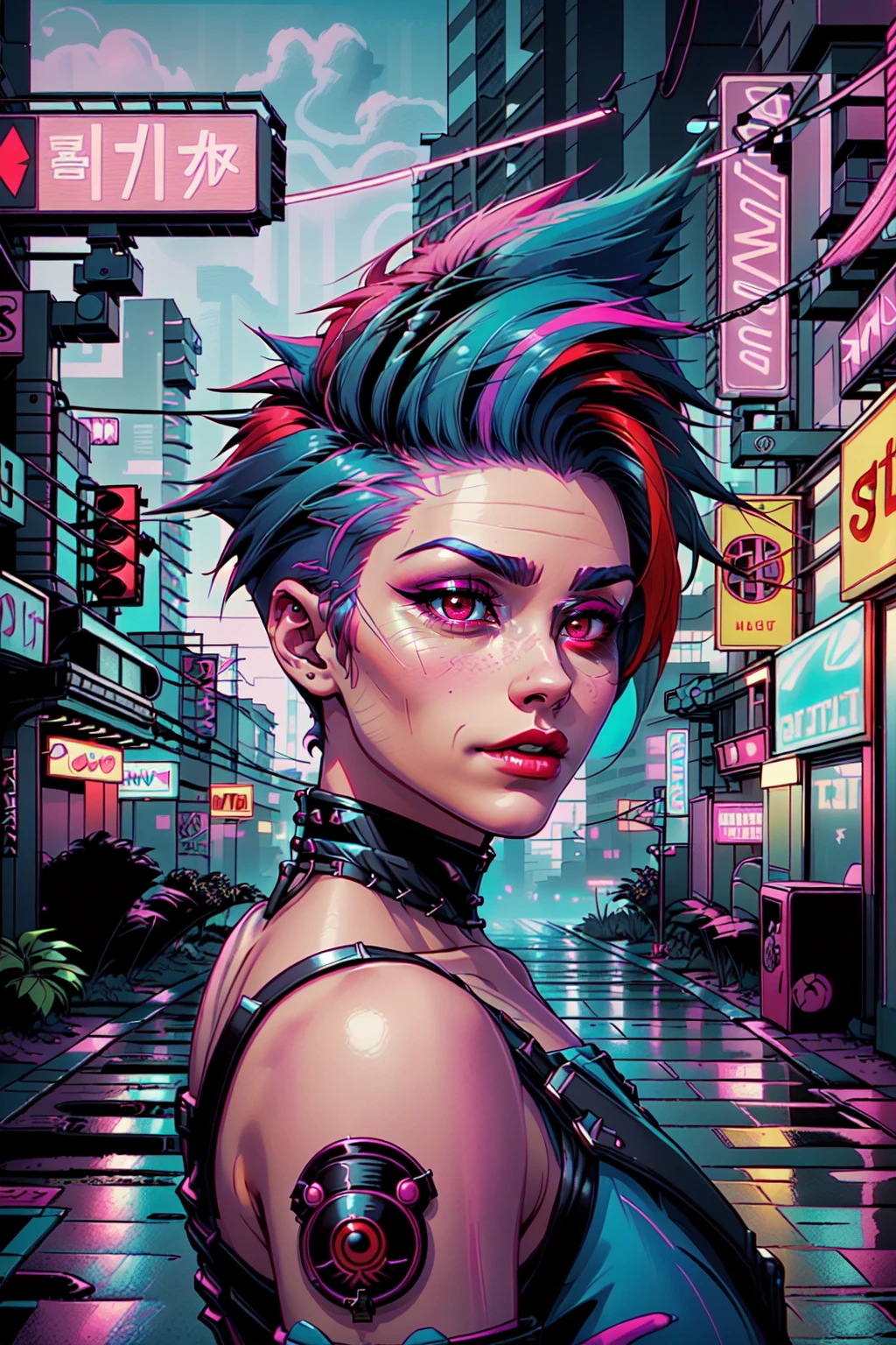 virtuell_Realismus, Ein Mädchen mit kurzen bunten rosa blaugrün und blauen Haaren im Faux-Hawk-Stil, rote Augen, draußen, cyberpunk city, sie hat rasierte Haare, Irokesenschnitt FemShortHair,  
