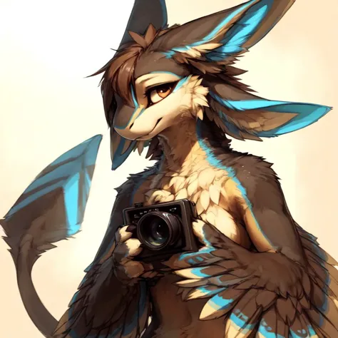 high resolution, best quality,( female avali),closeup, portrait, avali female holding a (big photo camera:1.1), looking at viewer, (taking picture:1.2), simple background, winged arms, detailed feathers, (long tail, thin tail, tail feathers:1.1), by pixelsketcher, (masterpiece, high quality:1.2) (by kame 3, by ingi,  by oouna,  by reysi,) (four ears:1.2)