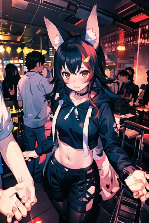 Highly detailed, High Quality, Masterpiece, beautiful, ookami mio, mio-hoodie, <lora:Char_VTuber_OokamiMio:0.8>, Nightclub, <lor...