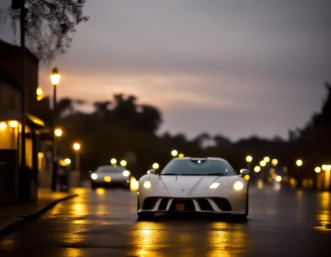 award winning photo of a sportscar wet with dew on a city street at night, extremely detailed, intricate, high resolution, hdr, ...