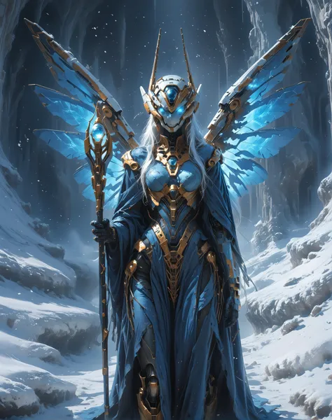 score_9, score_8_up, score_7_up, score_6_up, score_5_up, score_4_up, faceless, an ethereal glow around her in the snow at night, dark fantasy,
a cinematic full body shot of a beautiful mcnm, long hair, blue dress and big glowing blue wings on her back, holding a magical staff, hknature, mecha, no human, robot , gundam, machinery, painting
 <lora:ProtectorsOfNaturePony:0.8>
<lora:Mechanism-pdxl-1:0.9>, zPDXL2, fixl-art