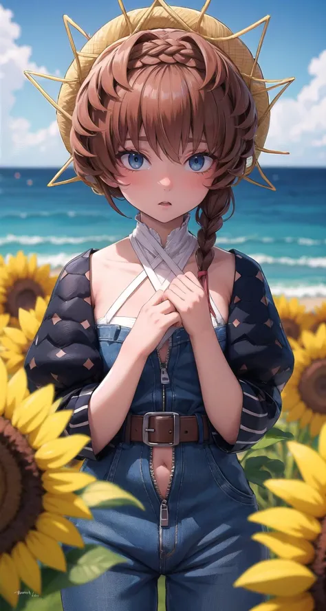 ((masterpiece,intricate details)),1girl,mature female,:o
BREAK
vangogh, <lora:vangogh-lora-nochekaiser:1>, van gogh, blue eyes, braid, brown hair, crown braid, side braid, BREAK belt, black sleeves, blue overalls, buckle, clothing cutout, flower, navel, navel cutout, orange headwear, overalls, puffy sleeves, striped, striped headwear, sunflower, zipper pull tab
BREAK
, A_high_point_with_a_view_of_the_ocean_and_surrounding_area,,((upper body)),from above:1.2,depth of field,looking at viewer,<lora:bonten-09:0.7>