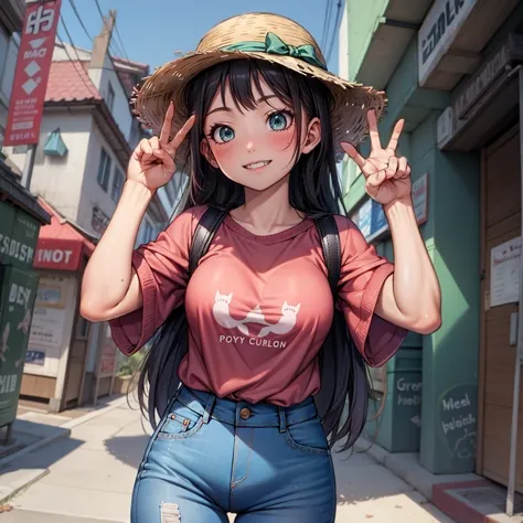 masterpiece, best quality, high resolution,  dark dynamic lighting, 
BREAK middle of street,
BREAK girl, smiling, green eyes, V sign,
BREAK red shirt, cat print on the shirt, long shirt,
BREAK blue jeans, fashionable,
BREAK cool hat, best hat in the world,