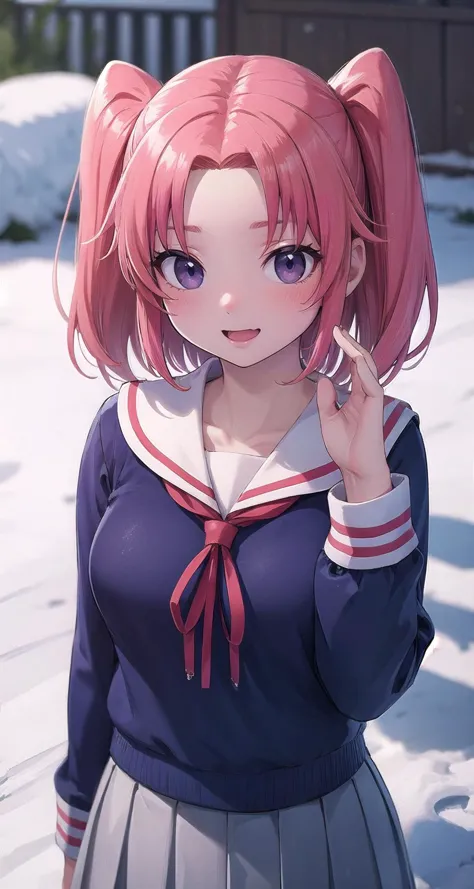 anime girl with pink hair and blue eyes in a blue dress