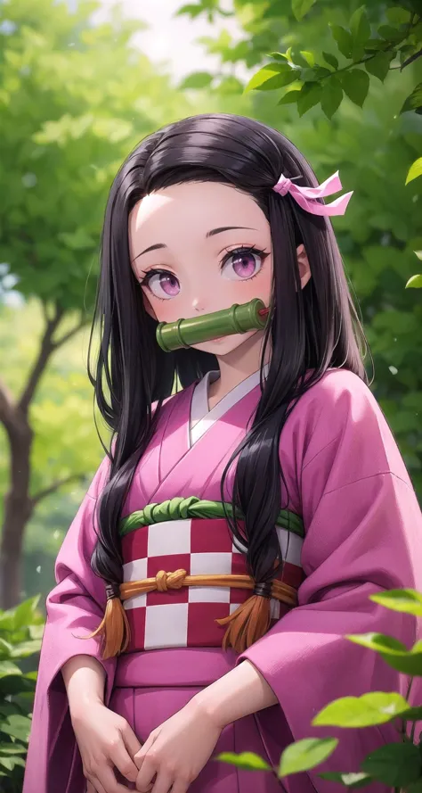 ((masterpiece,intricate details)),1girl,mature female,smile
BREAK
<lora:nezuko-08:1>, nezuko, long hair, ribbon, hair ribbon, pink ribbon, japanese clothes, kimono, gag, very long hair, bit gag, pink kimono, forehead, bamboo, gagged, obi, long sleeves, checkered sash, haori
BREAK
, Water_garden,,((upper body)),from below:1.2,depth of field,looking at viewer,<lora:bonten-09:0.7>