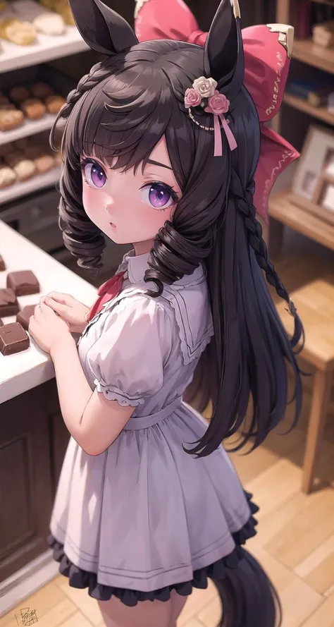 anime girl with long black hair and a pink bow standing in front of a counter