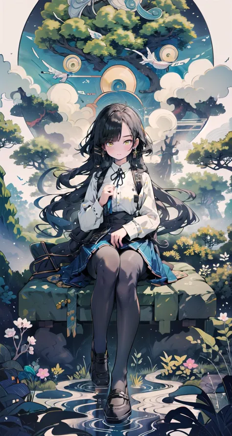 anime girl sitting on a bench with a bird in her hand