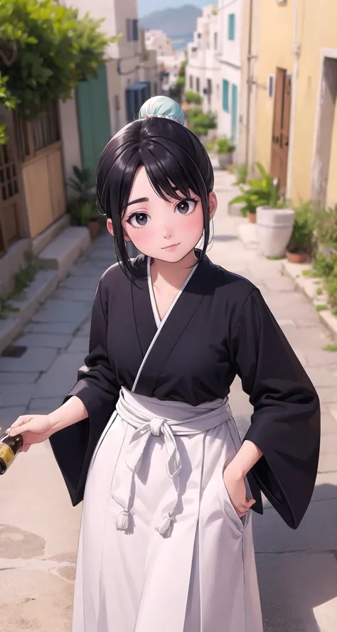 anime girl in black and white kimono holding a bottle of wine