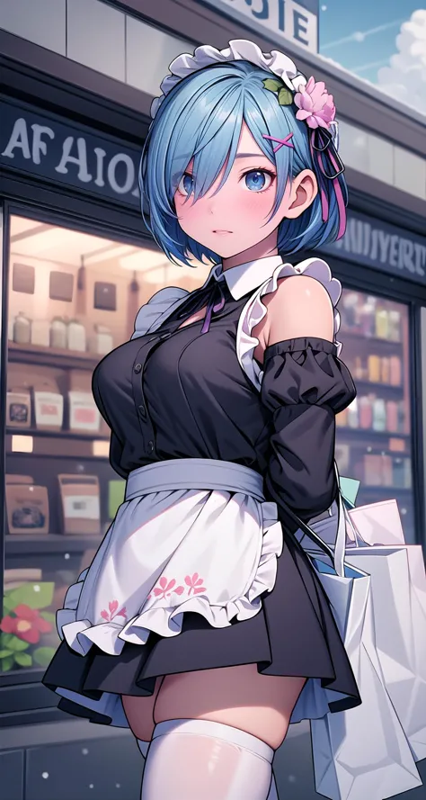 anime girl in maid outfit standing in front of a store