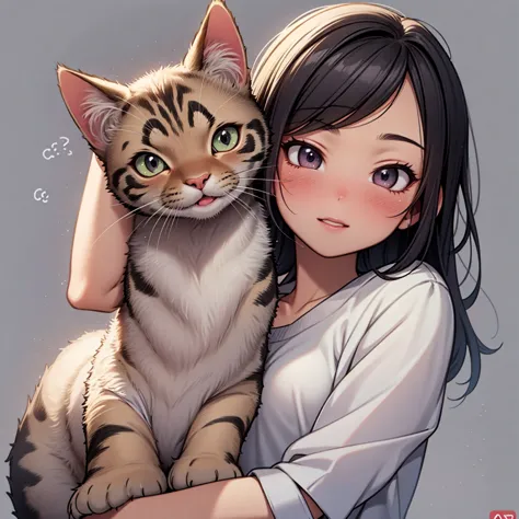 anime girl holding a cat with her head on her shoulder