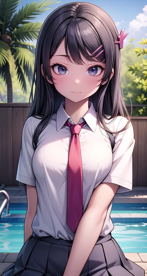 (masterpiece,intricate details),1girl,mature female,earnest _face, BREAK maisakurajima, <lora:maisakurajimatest:1>, sakurajima mai, long hair, bangs, black hair, hair ornament, (purple eyes:1.1), hairclip, BREAK skirt, shirt, school uniform, white shirt, short sleeves, pantyhose, pleated skirt, collared shirt, blue skirt, black pantyhose, red necktie, jacket, brown jacket| ((lying on the A tranquil oasis appears in the midst of a desert, where palm trees provide shade and respite from the scorching sun, while a pristine pool of water reflects the desert sky.)),((cumulonimbus)),((upper body,portrait)),from below:1.4,depth of field,looking at viewer,