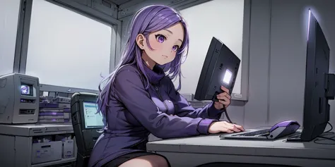 anime girl sitting at a desk with a computer and a monitor