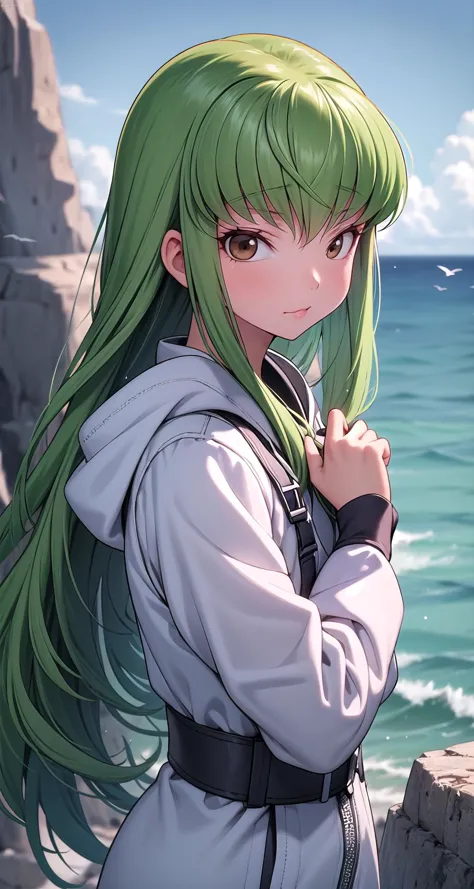 anime girl with green hair standing on a cliff overlooking the ocean