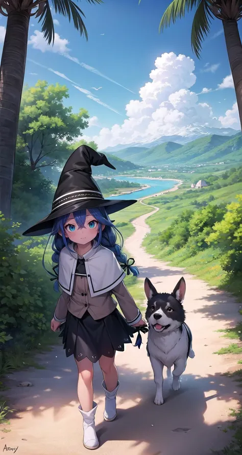 anime girl walking with her dog on a path in the woods