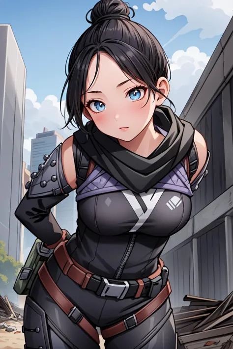 (masterpiece, best quality),  intricate details,
1girl,   <lora:wraith_(apex_legends):0.8> wraith (apex legends), single hair bun, hair bun, bodysuit, scarf, black bodysuit, holding, breasts, black hair, black scarf, large breasts, blue eyes, belt, brown belt, bangs, parted bangs, hair behind ear, gloves, nose piercing, black gloves, thigh strap,
ruined skyscraper, debris, post-apocalypse, arms behind back, leaning forward,