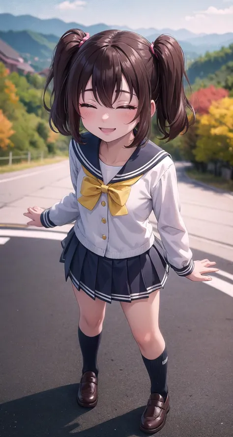 anime girl in a school uniform standing on a road