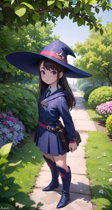 ((masterpiece,intricate details)),1girl,mature female,,
BREAK
<lora:kagari_atsuko:0.8>, kagari_atsuko, long hair, dress, luna nova school uniform, long sleeves, hat, witch hat, witch, boots, shirt, knee boots, skirt
BREAK
A tranquil botanical garden showcases a symphony of floral beauty, with carefully curated displays of rare and exotic flowers, inviting visitors to wander andimmerse themselves in a fragrant paradise.,((cowboy shot)),from above:1.1,depth of field,looking at viewer,<lora:bonten-09:0.7>