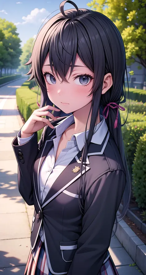 anime girl with long black hair and blue eyes standing on sidewalk