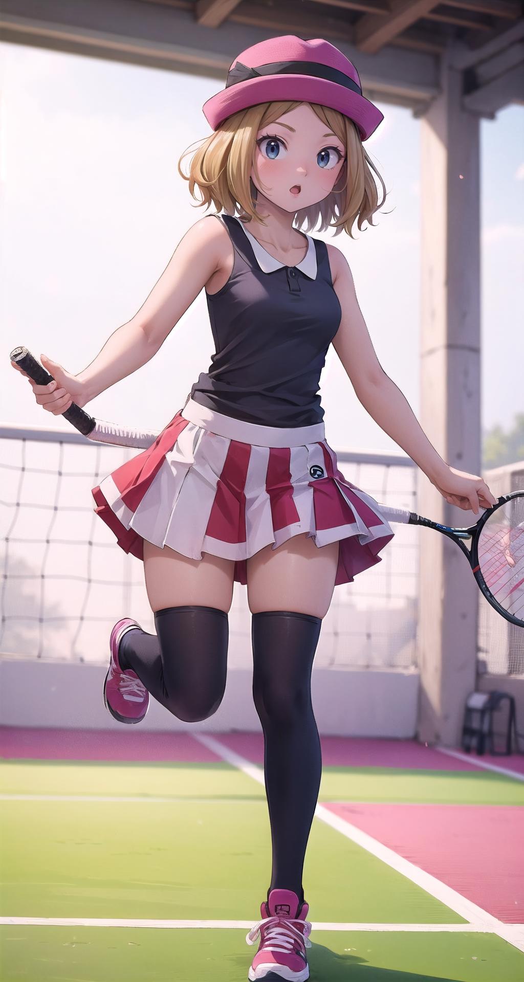 Chica anime con uniforme de tenis sosteniendo una raqueta de tenis. -  SeaArt AI