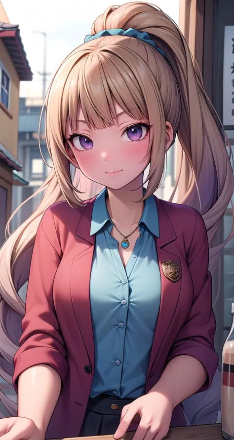 (masterpiece,intricate details),1girl,mature female,determined _face, BREAK keikaruizawa, <lora:keikaruizawatest:1>, kei karuizawa, long hair, bangs, blunt bangs, (purple eyes:1.1), blonde hair, shirt, hair ornament, ponytail, scrunchie, blue scrunchie, BREAK skirt, shirt, bow, school uniform, jacket, (red jacket:1.2), pleated skirt, bowtie, sweater, (blue bow:1.2), (blue shirt:1.2)| ((reclining on the A lively street bazaar entices with a treasure trove of goods, from intricately woven textiles to ornate jewelry, as the air fills with the rhythmic sounds of bargaining.)),((cumulonimbus)),((upper body,portrait)),from below:1.2,depth of field,looking at viewer,