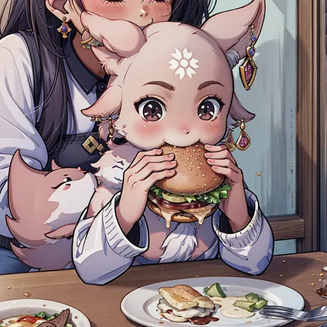 anime girl holding a pig in her arms while eating a hamburger