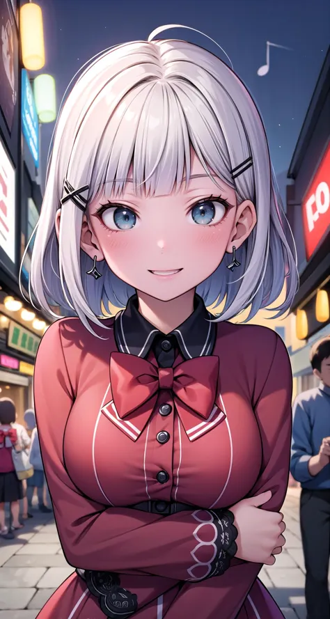 anime girl with white hair and blue eyes standing in a city