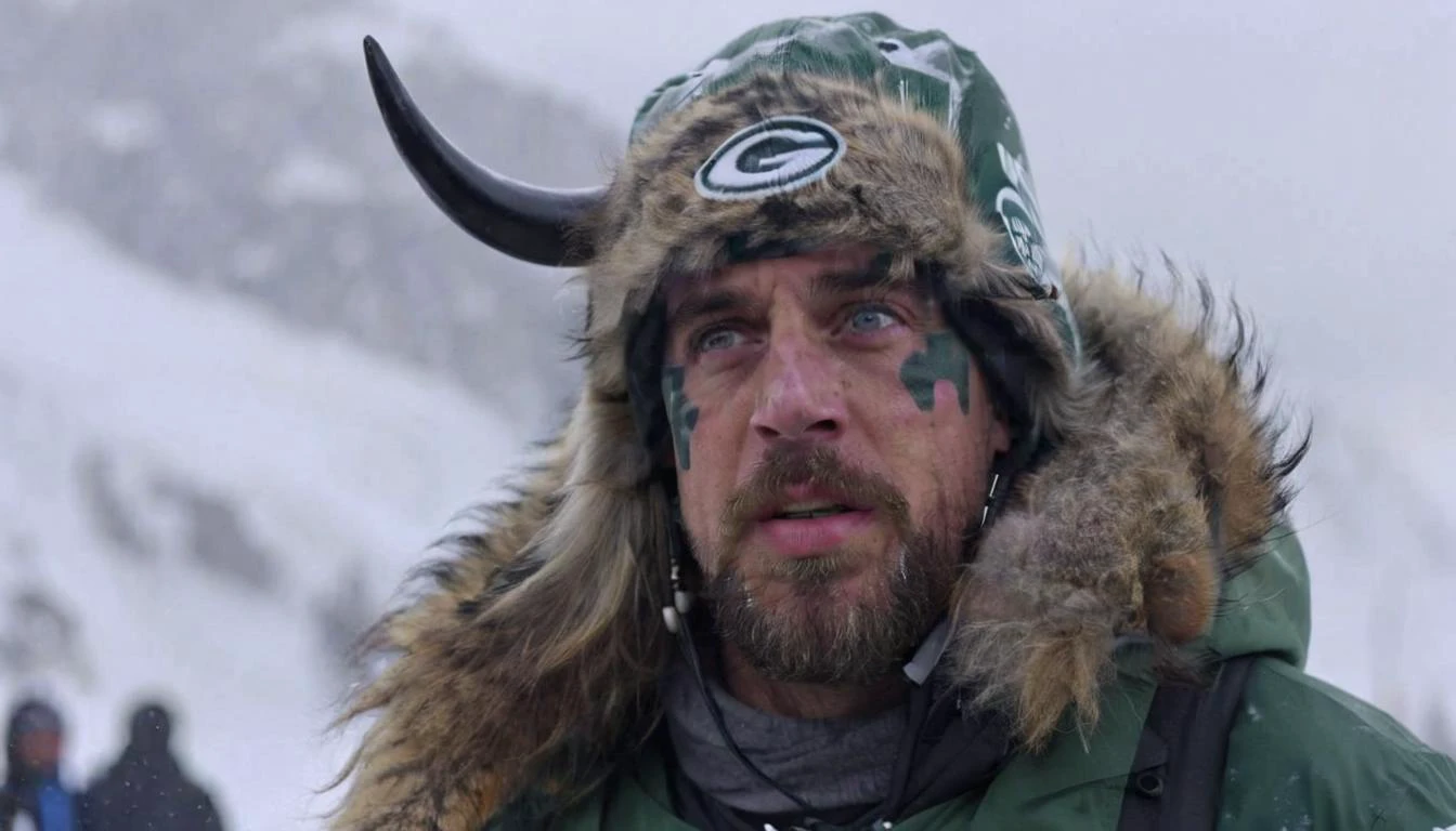 ,,Staring Closeup of aaronrodgers person with qhornguy person person , atop a snowy mountain peak, her breath visible in the crisp air, the camera zooms out to reveal the vast landscape, encapsulating the grandeur of solitude.   