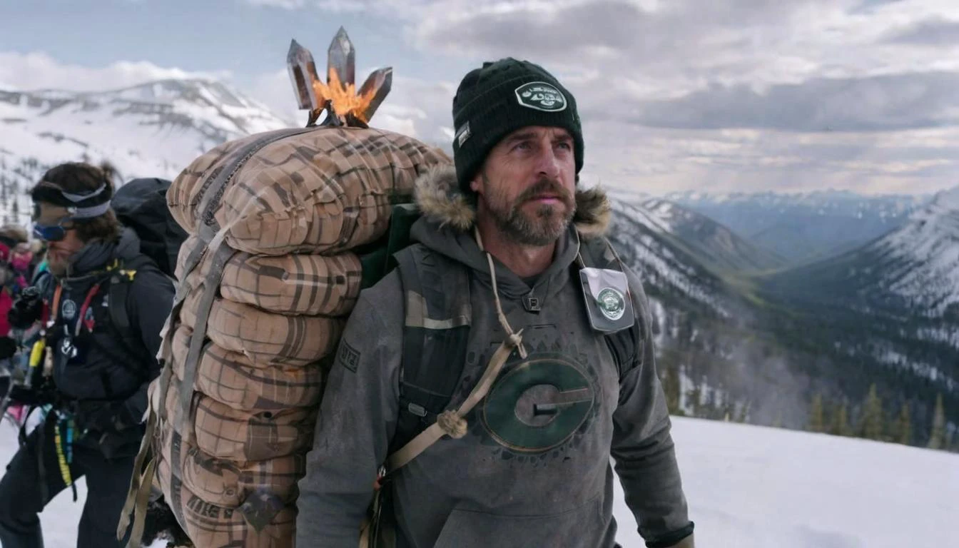 ,   Film scene featuring aaronrodgers person Person, as they lead an expedition to find the legendary Pillow Mountain, a peak made entirely of ancient cushions, emphasizing soft summits. Explosions.,  qhornguy pers