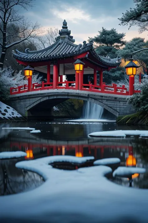 a red pagoda with a waterfall and lanterns in the snow