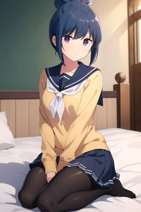 anime girl sitting on a bed with her legs crossed