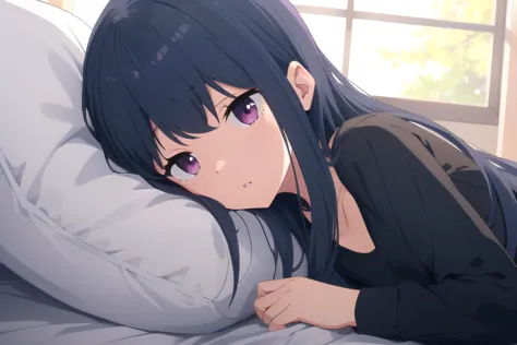 anime girl laying on a bed with her head on a pillow