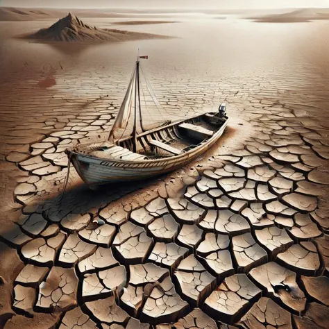 arafed boat on dry land with mountains in the background