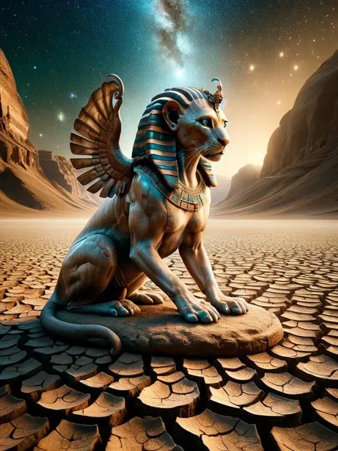 a sphinx statue sitting on a cracked ground in the desert