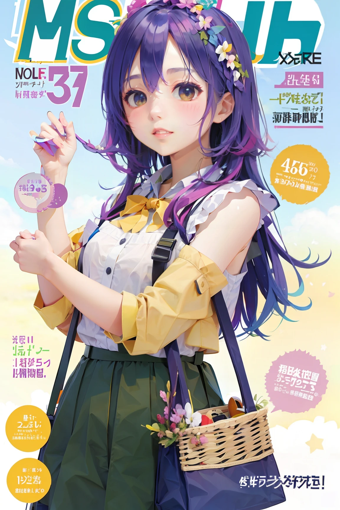 masterpiece, best quality, spring outfit, colorful hair,  outdoor, magazine cover ,upper body,