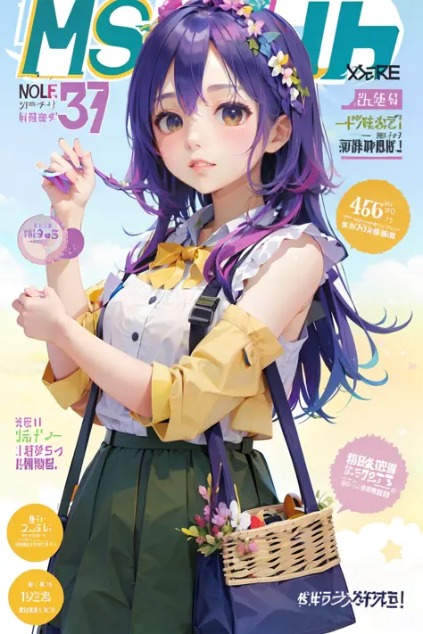 masterpiece, best quality, spring outfit, colorful hair,  outdoor, magazine cover ,upper body,<lora:animeMagazineCover_animeMagazineCover:1>