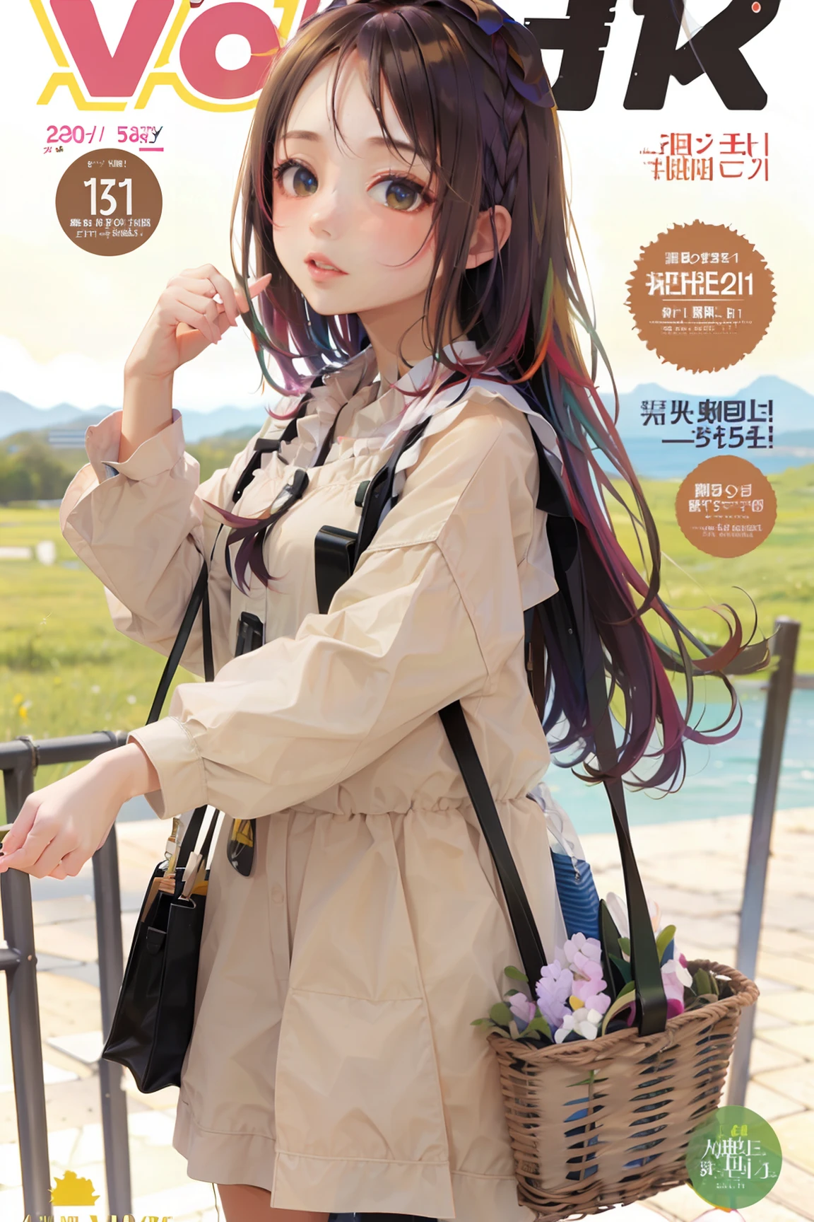 masterpiece, best quality, spring outfit, colorful hair,  outdoor, magazine cover ,upper body,