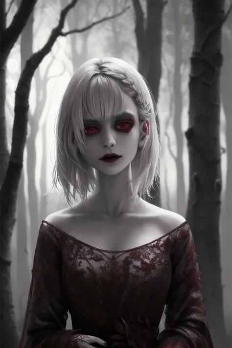 a pale lithe vampire walking in the woods. moonlight. ballgown. blood red.   <lora:realistic_quality-realistic_quality_leco_-_v1.0:0.7>. detailed skin, skin pores. overalldetail-detail_++_-_overall_detail, intricate details, highly detailed, intricate eyes, detailed skin, intricate hair, realistic, skin pores