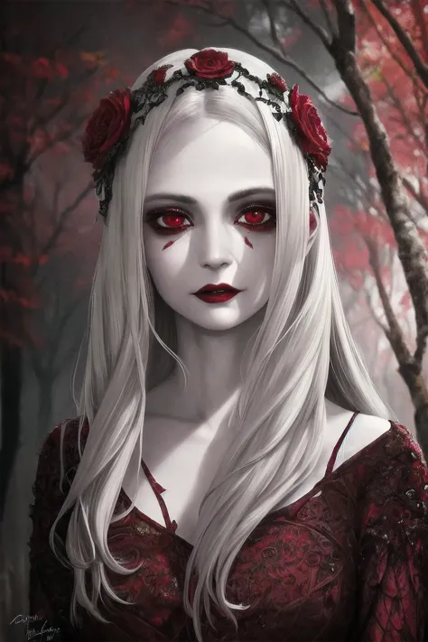 a woman with long white hair and red eyes wearing a crown