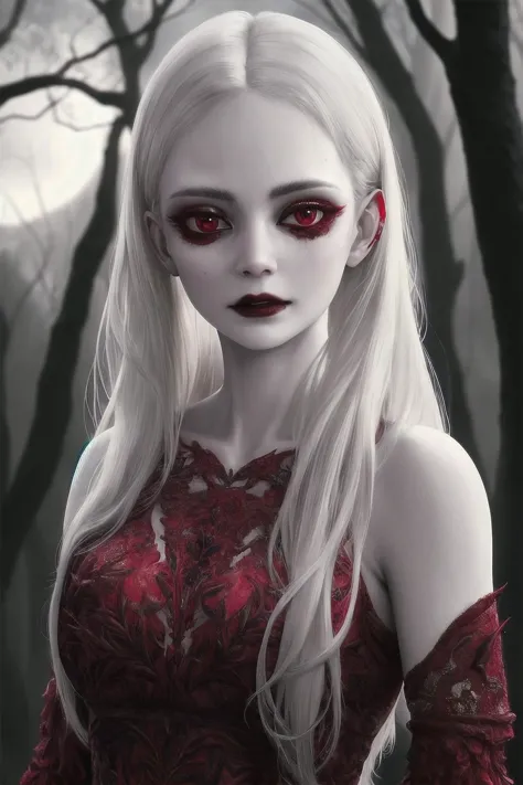 a woman with long white hair and red eyes in a red dress