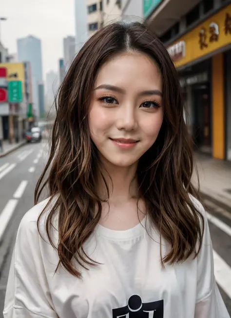 RAW Photo, DSLR, professional color graded, BREAK photograph of g3m-gl0ria-tang woman, smile, wearing oversized tshirt, cozy fashion, street of hong kong background, sharp focus, HDR, 8K resolution, intricate detail, sophisticated detail, depth of field, a...