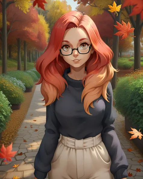 score_9, score_8_up, score_7_up, woman, standing, garden background, light red hair, ombre hair, glasses, autumn leaves <lora:Ge...